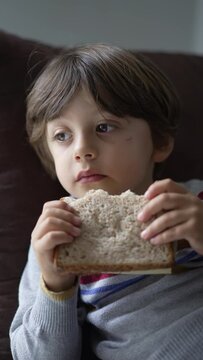 Child laying on couch snacking sandwich. Relaxed kid eating carb food while watching television in Vertical Video