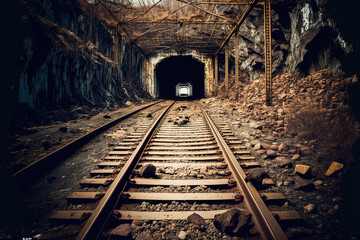 abandoned uranium mine with rusting railroad relics that is dark and unclean. Generative AI - obrazy, fototapety, plakaty