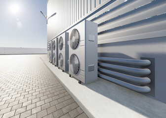 3d rendering of condenser unit or compressor outside factory plant. Unit of ac air conditioner, heating ventilation or hvac air conditioning system. Include fan, coil and pump inside for heat and cool - obrazy, fototapety, plakaty
