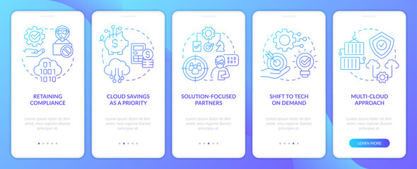 Cloud computing innovations trends blue gradient onboarding mobile app screen. Walkthrough 5 steps graphic instructions with linear concepts. UI, UX, GUI template. Myriad Pro-Bold, Regular fonts used