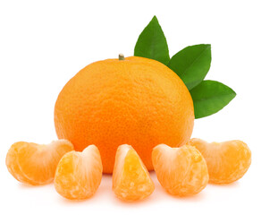 Tangerine and slices isolated on a white background.
