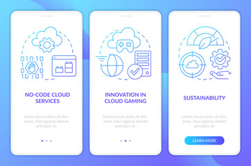 Cloud computing technologies pros blue gradient onboarding mobile app screen. Walkthrough 3 steps graphic instructions with linear concepts. UI, UX, GUI template. Myriad Pro-Bold, Regular fonts used