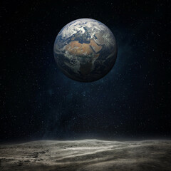 The Earth from moon surface. Elements of this image furnished by NASA.