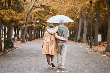 Elderly, couple walk in park with umbrella and fresh air, outdoor in nature in fall for exercise...