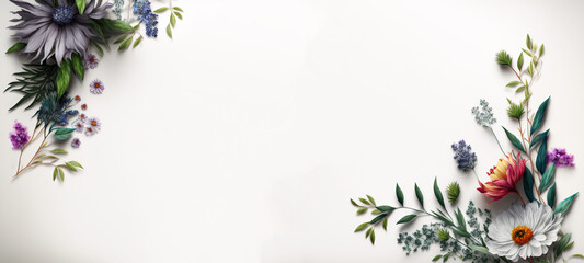 Fototapeta na wymiar simple elegant banner of colorful flowers on a white background, invitation card template, Generative AI