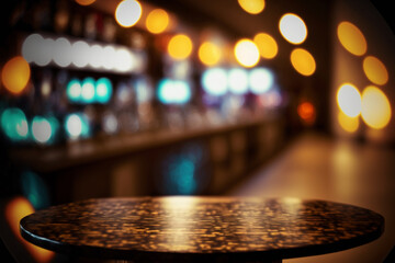 Fototapeta premium wooden table in a cafe, restaurant or bar, empty scene with bokeh lights background, copy space, Generative AI
