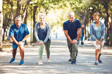 Senior friends, stretching exercise and park with smile, wellness and self care in summer sunshine. Elderly group of people, fitness and healthy workout with motivation for health, nature or teamwork