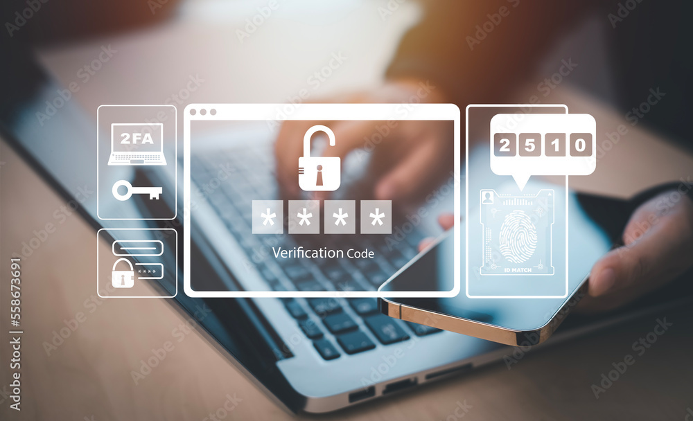Poster cyber security and security password login online concept hands typing and entering username and pas