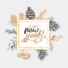 Happy New Year Abstract Botanical Card with Square Frame Banner and Modern Typography. Green and Pink Pastel Colors Greeting Layout. Isolated.