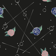 seamless pattern with roses and silver lines on black background made in retro style, circles and lines backdrop