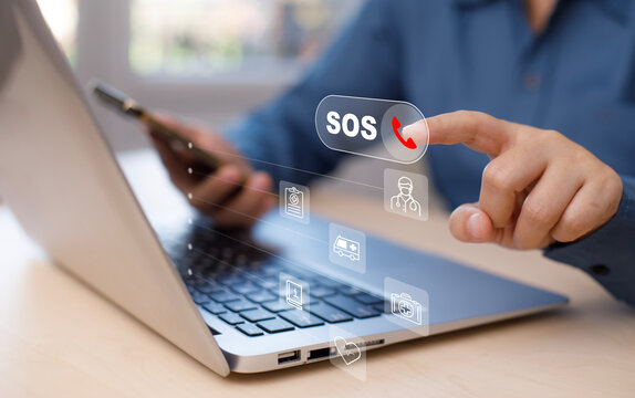 Businessman touch bar SOS Emergency app in home, call phone, Chat message icon, Emergency application from smartphone for elderly, technology concept.Old hand touch mobile phone and call for help. - Powered by Adobe