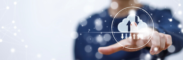 Man touching connect to data information on the Cloud Computing Technology Internet Storage Network Concept And a large database big data Through internet technology, Cloud sharing download and upload