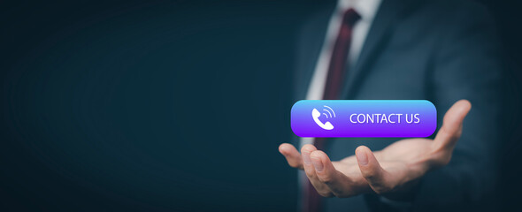 Concept communication and Contact us or Customer support hotline people connect. Business hand holding virtual screen contact icons, email and address, live chat with internet wifi.