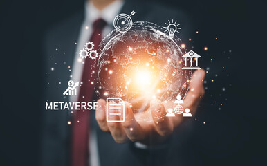 New metaverse with icon business concept,Business hand holding a virtual globe with financial icons future technology, business goals, online communication,graph Screen Icon of a media screen,big data