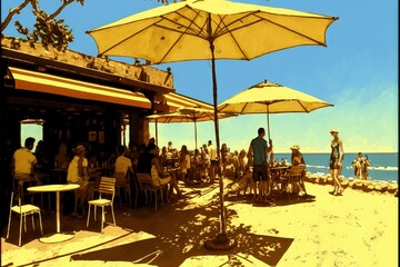 a group of people sitting at tables under umbrellas on a beach with the ocean in the background and people walking on the beach in the sand near the water and on the sand with umbrellas.