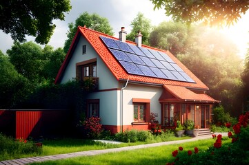 Fototapeta na wymiar Modern family house with white facade and solar panels on the red roof. House with solar roof in the garden during sunset. A sunset light behind the house with rooftop solar panels. Generative AI