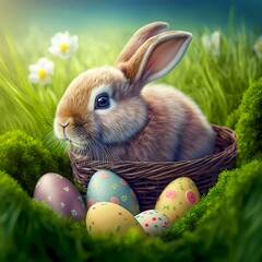 Illustration of easter cute bunny sitting in the wicker basket with color easter eggs put in green spring meadow. Generative AI