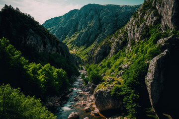 Fototapeta na wymiar canyon with steep slopes, abundant vegetation, and a hiking track at its base. Generative AI