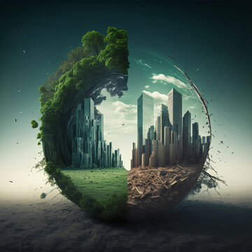 Two halves of the view of the earth as a green natural living and ecological and destroyed, built up with buildings and deserted. The concept of ecology and saving the planet Earth. Generative AI
