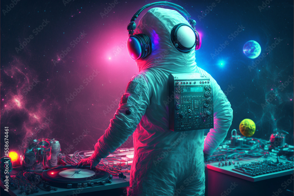 Poster an astronaut in a dj spacesuit in headphones stands behind the control panel portrait at a space par