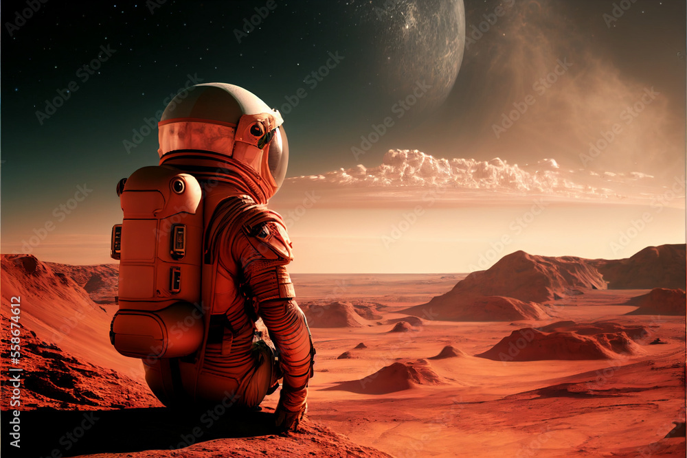 Poster an astronaut in a spacesuit sits on the surface of mars, outer space, a view from the back to the st