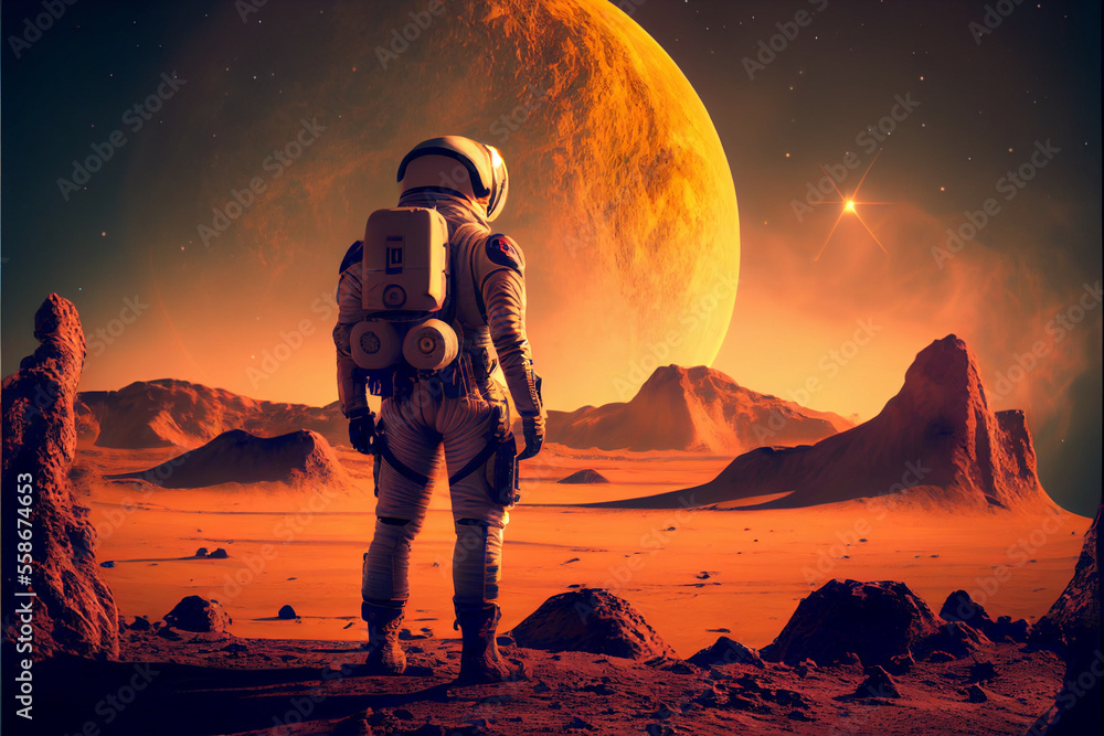 Poster an astronaut in a spacesuit stands on the surface of mars, outer space, a view from the back to the 