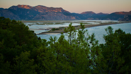 Fototapeta premium The meeting point of the Aegean and the Mediterranean; Dalyan. Iztuzu beach, the spawning area of the caretta caretta turtles. Dalyan Delta, famous for its reed lagoons in Mugla, Koycegiz region.