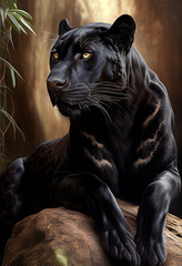 Leopard in the jungle. Black pantera. Illustration for advertising, cartoons, games, print media. My collection animals.