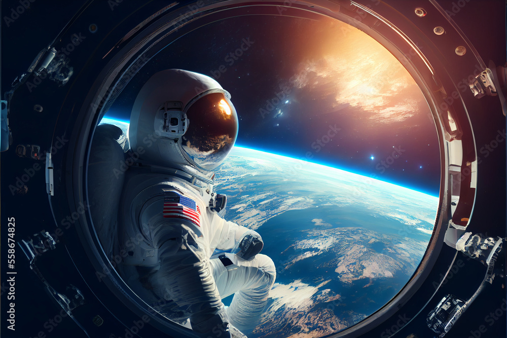 Poster an astronaut in outer space sits in a spaceship and looks at the planet earth. view from space. gene