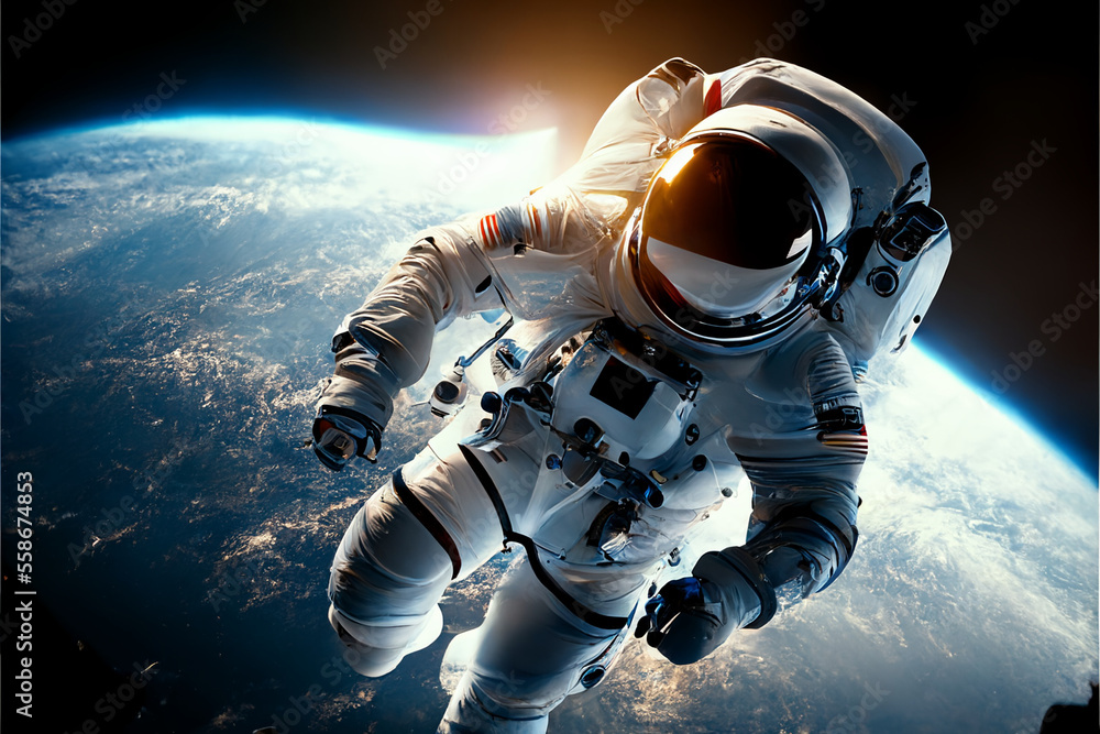 Poster astronaut in outer space in weightlessness in a suit, view of the planet earth in the sun. generativ