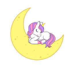 Cute unicorn sleeping on the moon. Illustration on transparent background