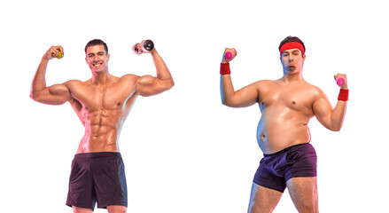 Before-After fitness transformation. The fat man became an athlete. Transparent background with...