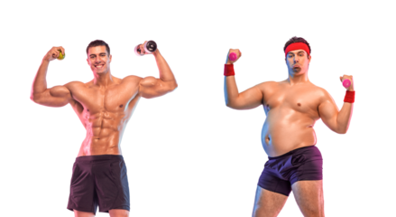 Before-After fitness transformation. The fat man became an athlete. Transparent background with alpha channel. Download images for your motivational advertising. Dietetics and sports