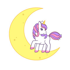 Cute unicorn standing on the moon. Illustration on transparent background