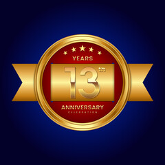 13th Anniversary. Anniversary logo design with golden text and ribbon for celebration event. Logo Vector Illustration