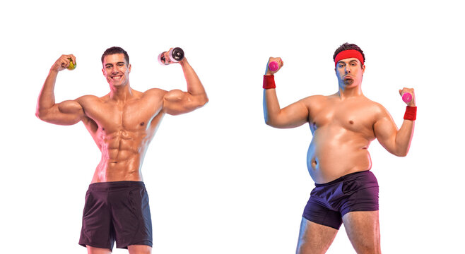 Before-After fitness transformation. The fat man became an athlete. Transparent background with alpha channel. Download images for your motivational advertising. Dietetics and sports
