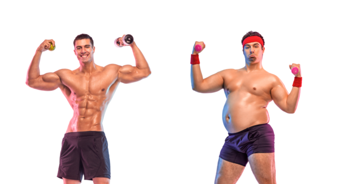 Before-After fitness transformation. The fat man became an athlete. Transparent background with alpha channel. Download images for your motivational advertising. Dietetics and sports