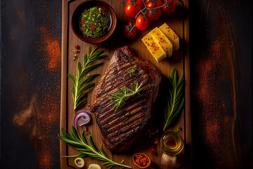 3d illustration of a piece of meat, grilled steak on a wooden tray with vegetables and spices, dark colors. Generative AI