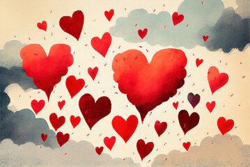 Clouds in a shape of heart floating in the sky, abstract happy valentines day love themed background, watercolor painting created with Generative AI technology