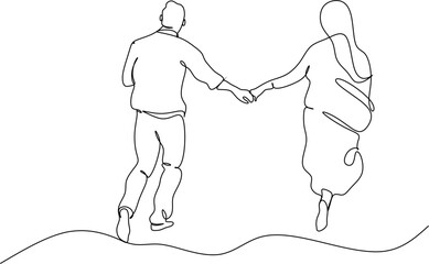 Couple walking together holding hands in continuous line art drawing style. Loving man and woman. Romantic date. Black linear sketch isolated on white background. Vector illustration
