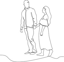 Couple walking together holding hands in continuous line art drawing style. Loving man and woman. Romantic date. Black linear sketch isolated on white background. Vector illustration
