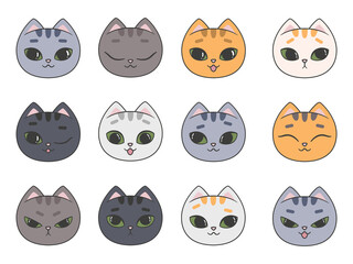 Collection of portraits of cute cats with different emotions - happiness, thoughtfulness, sadness, anger. Illustration on transparent background