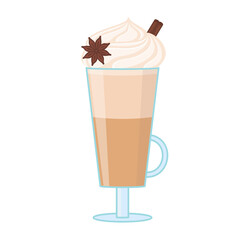 Tall glass cup with coffee, cinnamon and a cap of cream. Illustration on transparent background