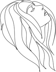 Beautiful woman face in continuous line art drawing style. Portrait of young woman with curly hair blowing in the wind. Minimalist black linear sketch isolated on white background. Vector illustration