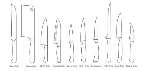 Collection of kitchen knives. Illustration on transparent background