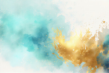 Abstract blue and metallic gold background, watercolor paint texture imitation created with Generative AI technology