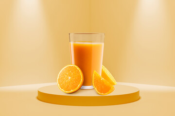 Orange juice with orange slices on background with platform.