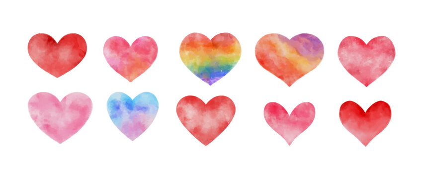 Watercolor Valentine's Day hearts. Set of colorful watercolor heart hand drawn. Vector illustration