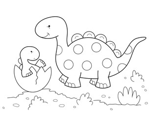 easy coloring page of  baby dinosaur and mom