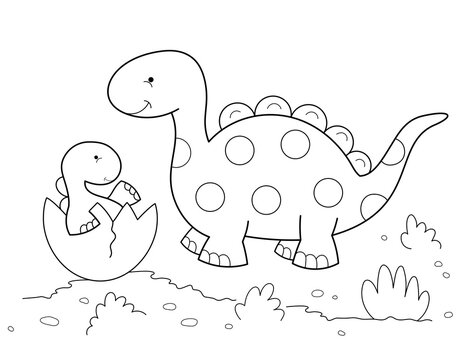 easy coloring page of  baby dinosaur and mom